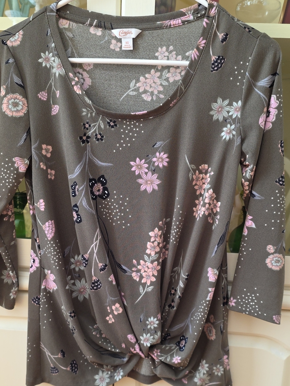 Candie's Olive Floral Twist-Front  Top with Pink Accents